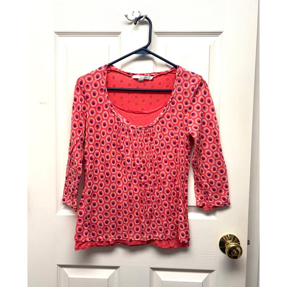 Boden Top Long Sleeve Layered Knit Jersey Scoop Neck Pink Floral Dots Women’s 8